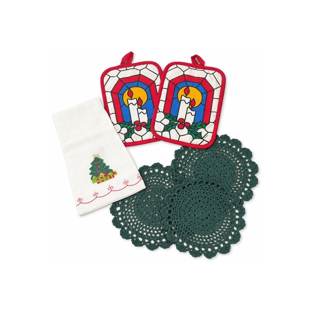 Vintage Christmas Bundle 2 Cotton Potholders, Linen Hand Towel, Crochet Dollies